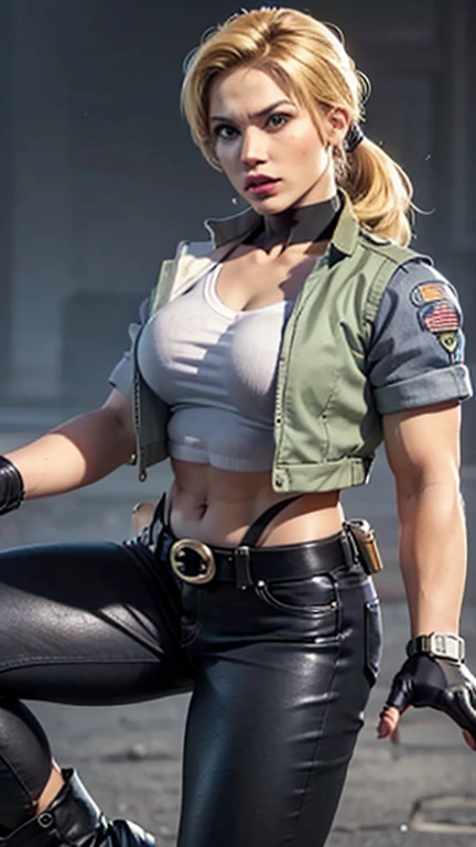 masterpiece, best quality, 1girl, sonyablade, blonde hair, ponytail, blue eyes, vest, abs, boots, breasts, cleavage, dog tags, fingerless gloves, midriff, navel, pants, solo, simple background 