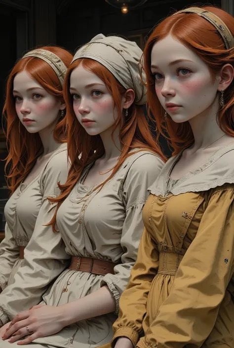  realistic Renaissance portrait {x} Three women with red hair and turbans posing for a photo,  Renaissance style portrait  ,  Shutterstock , Mannerism, ハイ・Three women with red hair and turbans pose for photos in Renaissance style , renaissance style,  trio...