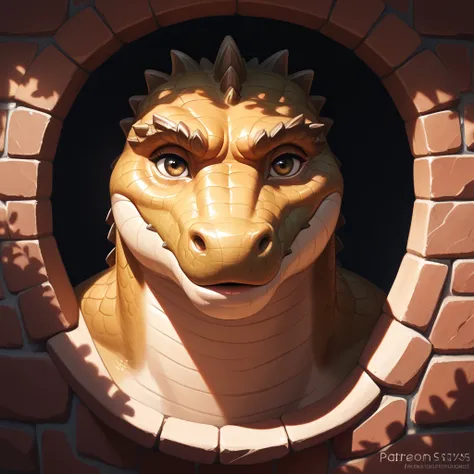 (Brown alligator), textured scales, big detailed eyes, adorable yet sad expression, melancholic look, furrowed brow, peeking through horizontal rectangular hole, greyish and weathered wall, rough textures, looking at viewer

(standing:1.3), soft shading, 4...