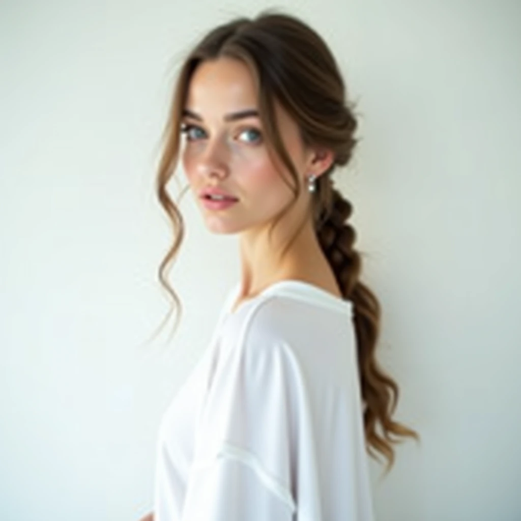  Russian beautiful girl has her hair tied in a braid, wearing an oversized white t-shirt with a small  by the handle,  against a white wall