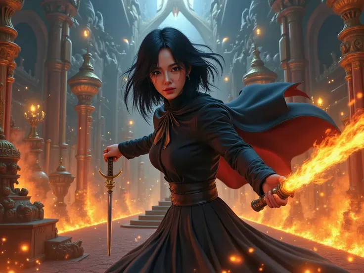 a woman with  black hair and pale skin, wielding a flaming rapier in an epic pose, wearing a black cape, against an epic fantasy background, (best quality,8k,masterpiece:1.2),ultra-detailed, dynamic action pose, dramatic lighting, cinematic, vibrant colors...