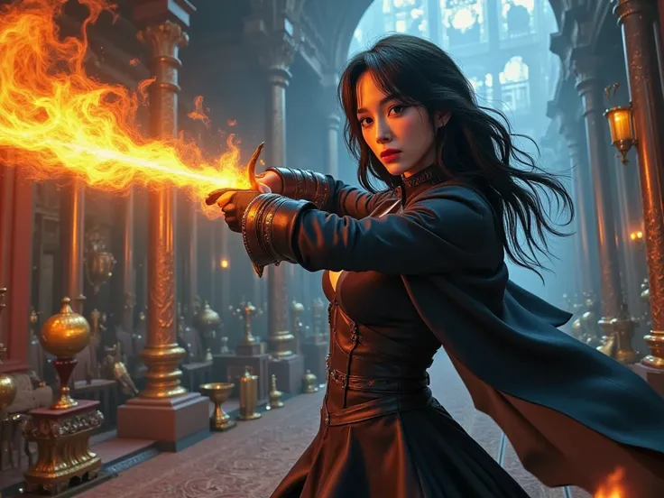 a woman with  black hair and pale skin, wielding a flaming rapier in an epic pose, wearing a black cape, against an epic fantasy background, (best quality,8k,masterpiece:1.2),ultra-detailed, dynamic action pose, dramatic lighting, cinematic, vibrant colors...