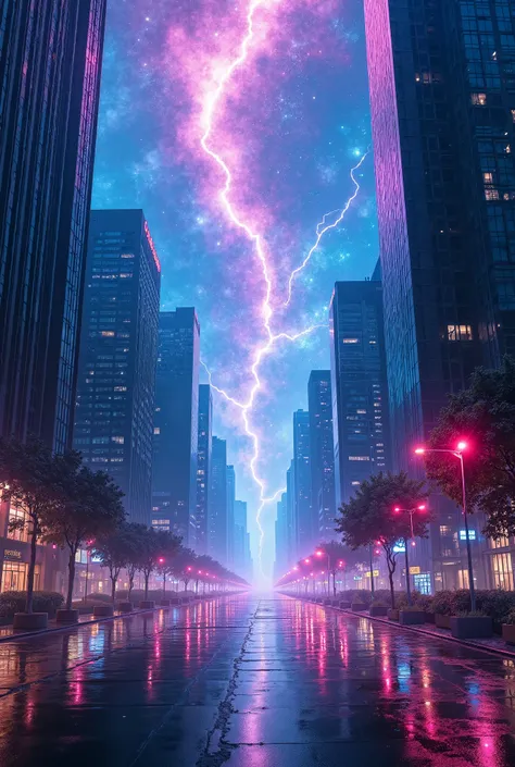  A futuristic metropolis illuminated by the neon glow of imposing skyscrapers ,  as the sky transforms into an interdimensional spectacle .  Vibrant nebulae in shades of blue ,  purple and pink intertwine with beams of cosmic light that tear through the at...