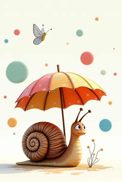 Eine niedliche Schnecke 🐌 in pixar stil mit Regenschirm 🌂 weißer Hintergrund mit kreisrunden farbklecksen und einem schmetterling 