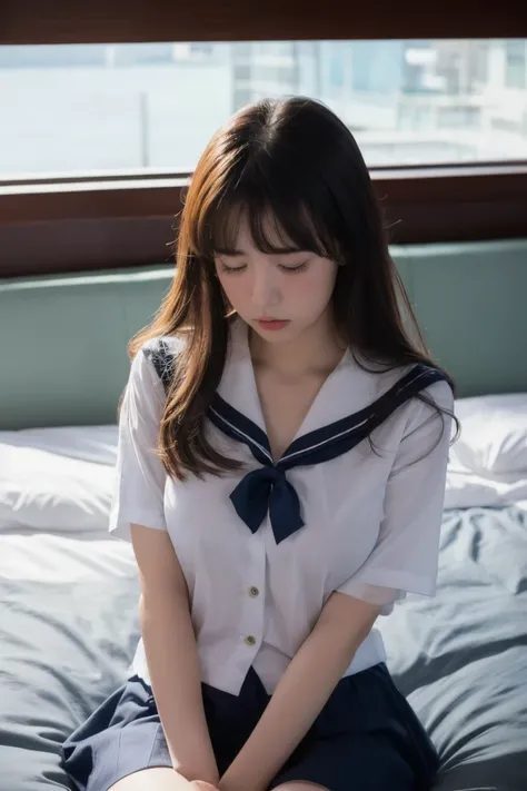   in the seat,   sailor suit、 hotel、 bed、Big Breasts、 sad expression to tears