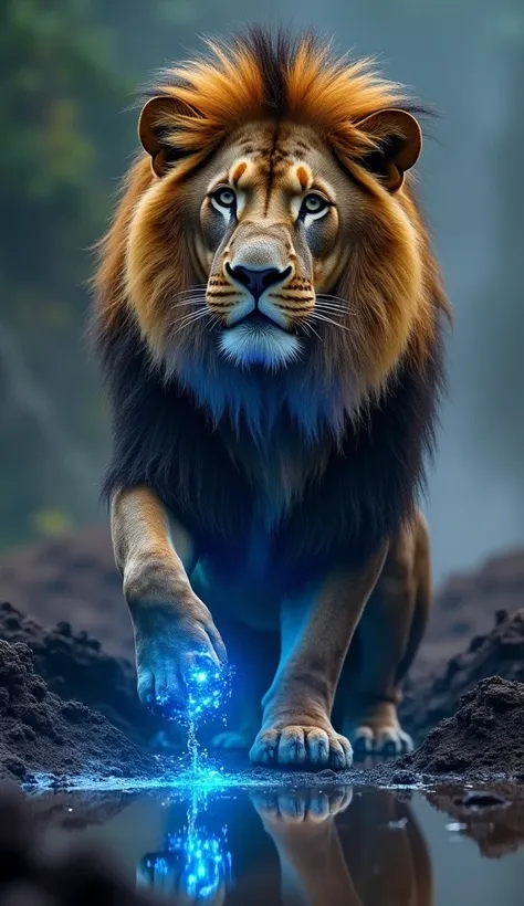  Imagine a majestic lion with brown fur ,  but covered by small bright specks of intense blue ,  as if they were stars twinkling on its skin .  The lion is inside a poop Thick dark mud layer ,  with the raised front leg ,  as if you were about to take a st...