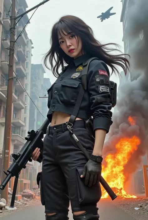 8 k quality ,Realistic cinematic photos , a beautiful Korean woman with smooth white skin and a perfectly maintained face , wearing a black cargo jacket with many pockets rolled up at the elbows decorated with various patches, black boots , black cargo pan...