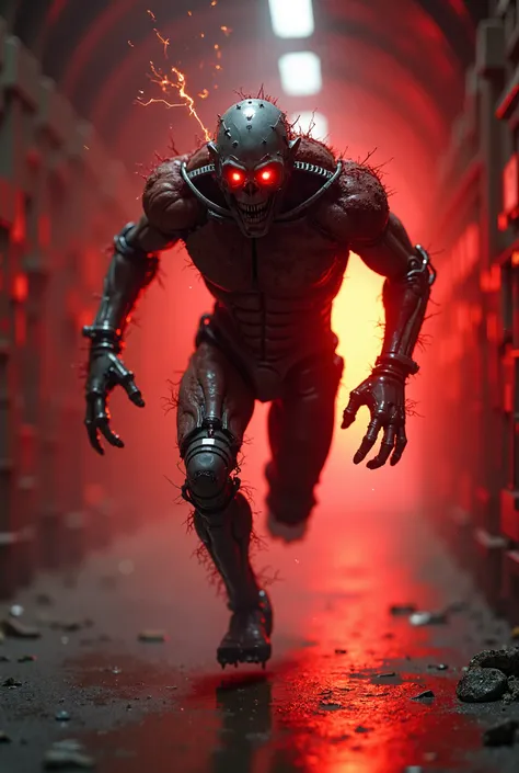 deadly human like robot with human flesh on it running towards camera in a red lighted tunnel