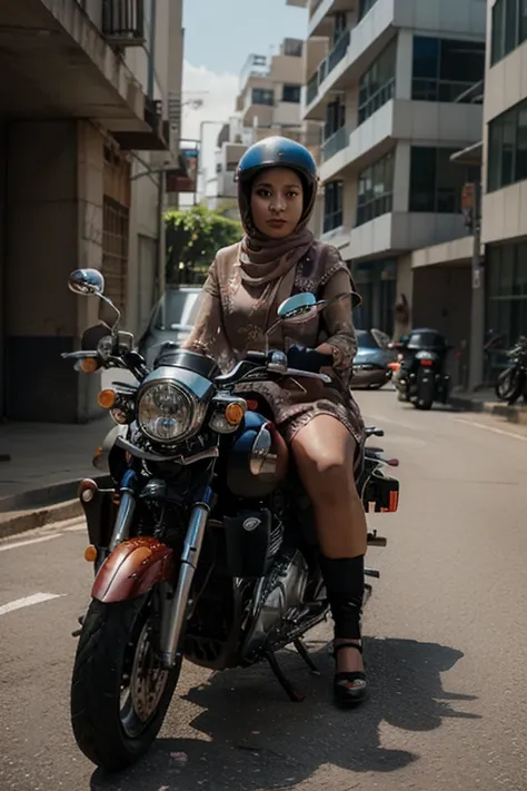 cartoon 4D,  a young Indonesian woman , was riding a motorcycle , wearing helmets and wearing gamis and headscarves in the background in the building,  realistic , 8k