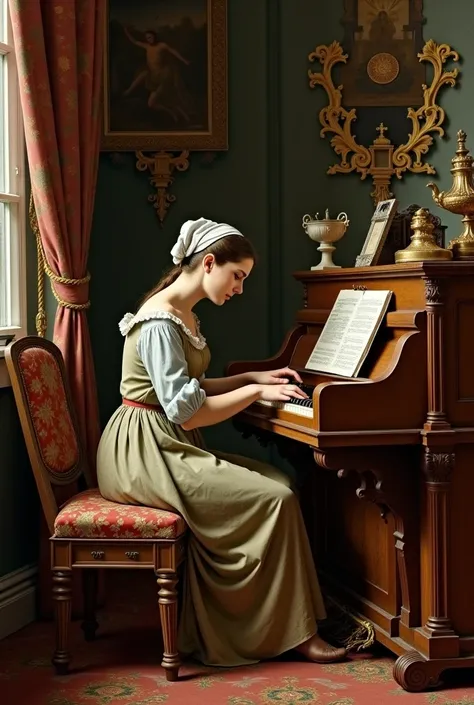 classical painting, 18th century, Baroque room,works of art, Peasant lady playing the harpsichord,  concentration , Musical emotion 