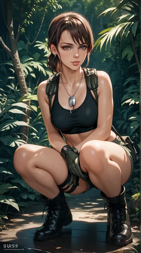   sexy Quiet , UHD,  dark brown hair , dog tags, in a jungle,  at night,  on a riverbank, wearing very short black tank top , booty shorts, with leather gloves ,  military boots , sweating,  sexy pose, in four,  carries a sniper rifle, crouching,