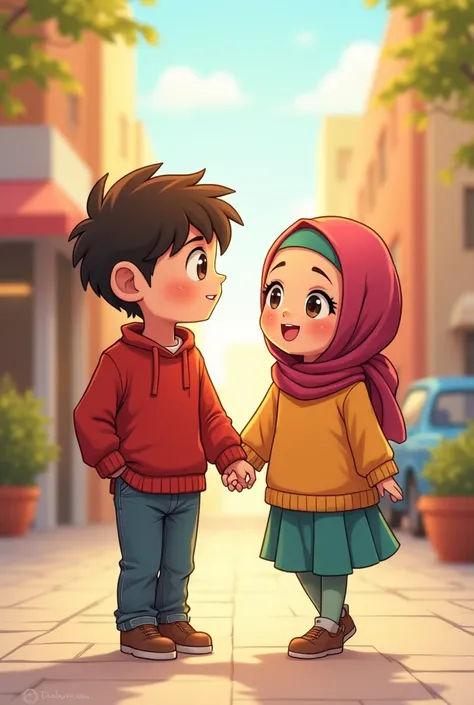 A picture of a couple, a short girl wearing a hijab and a short boy wearing a red sweater, in the form of anime and comedy