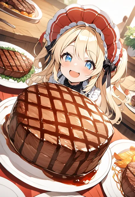 A happy smile,(Large serving of beef steaks1.1),large amount of steak,Highest quality,Blonde with blue eyes、Lolita、Small breasts、two-sideup hair,girl&#39;enjoy,smile,bonnet,