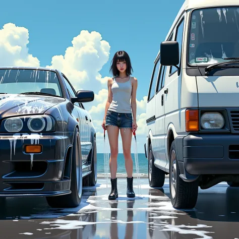   Masterpiece、  best image quality、1 person、  Japanese woman、   tank top、Put on your boots、 Washing r34gtr、 Sponge on the right side  、 water hose on the left that is washing the Hiace 、