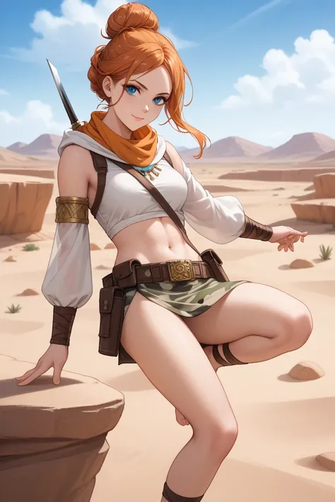 For a desert assassin-inspired outfit for Orihime Inoue, while keeping her navel and feet visible, here’s the design:

Top

A cropped, sand-colored, fitted tunic with a high collar and loose sleeves, designed for agility and stealth in the desert heat. The...