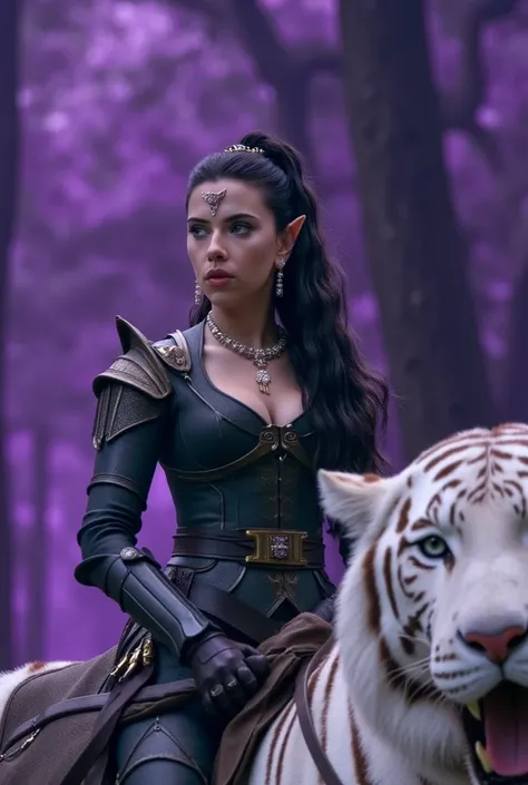 Scarlett Johansson as elf huntress, black long curly ponytail, gray eyes, long pointed ears, diamond earrings and tiara, crescent necklace, slim body, female warrior plate armor, riding a white tiger, torogao, magic purple forest on the background, (best q...