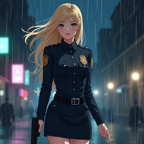 1 female、 American beauty 、Super beautiful、beauty faces、 blue eyes、 standing、NYPD uniform 、Mini-skirt、  golden hair 、night street、 backlight 、the wind is blowing、This&#39;it&#39;s raining、 He looks closely at the gun barrel.、hip up shot、point to a gun 