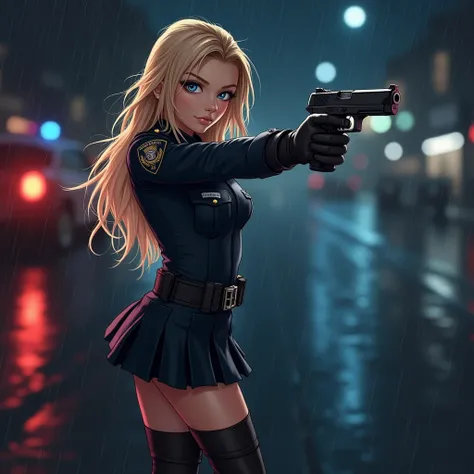 1 female、 American beauty 、Super beautiful、beauty faces、 blue eyes、 standing、NYPD uniform 、Mini-skirt、  golden hair 、night street、 backlight 、the wind is blowing、This&#39;it&#39;s raining、 He looks closely at the gun barrel.、hip up shot、point to a gun 