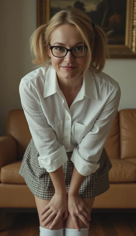 Amateur photo, shatp detail, bokeh, very realistic. Evening, cinematic lighting. Extreme closeup. Dramatic low angle looking up at subject as she stands leaning down to look at the viewer. A beautiful caucasian woman, smile lines, wrinkles, glasses with th...