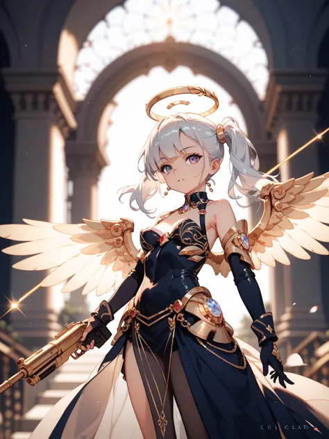 very detailed,  high quality, HD model,  tall details , 
Shine,  Lines of movement,  Lens flash ,  depth of field , Backlighting, Silhouette,  Lines of speed ,  a girl,  armed metallic gold , golden spear gun , garments debriolantealas , of angel , ,  wing...