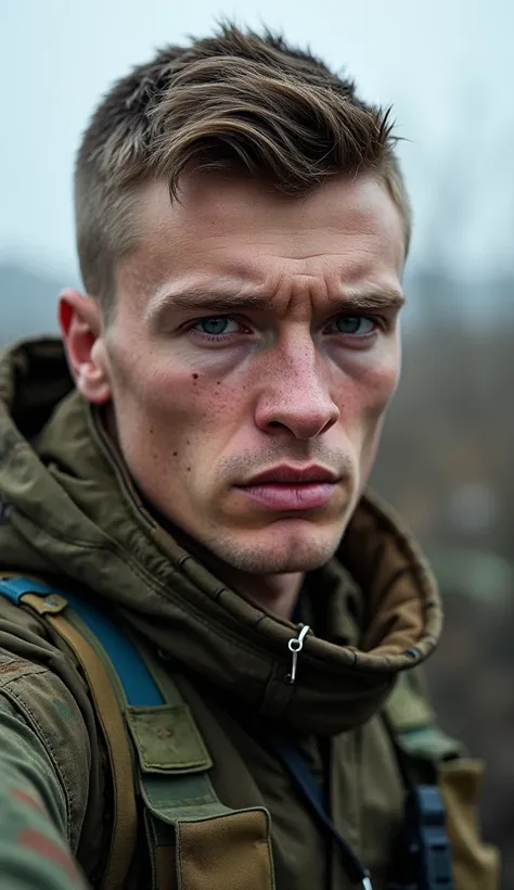 Create a realistic selfie of a Ukrainian soldier 