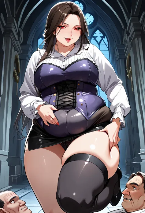 (best quality, highres, ultra-detailed), , (sickly, ugly vampire girl) (wearing a corset and short micro skirt) (ugly vampire girl) (bignoselady) leaning over, seductive, luscious lips, aquiline nose, (dark castle background),  (deep black shadows), (dynam...