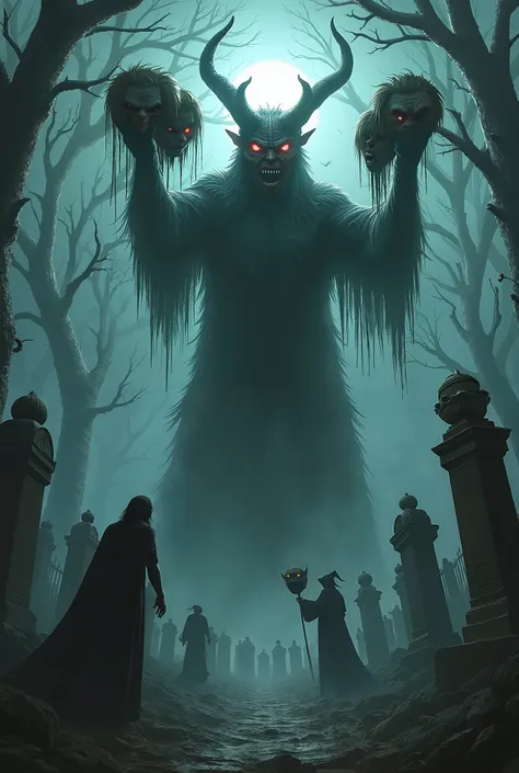 Demon with people's heads in his hand in a graveyard at night with elves and witches