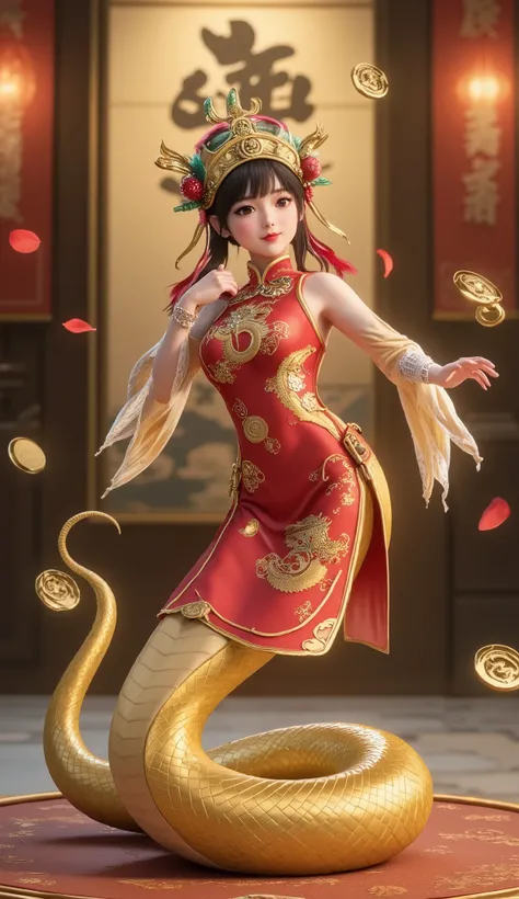 A personified, adorable golden snake with a playful and charming personality, wearing traditional Chinese attire to celebrate the Chinese New Year. The snake’s head is human-like, with large, expressive eyes and a delicate gold headpiece adorned with red t...