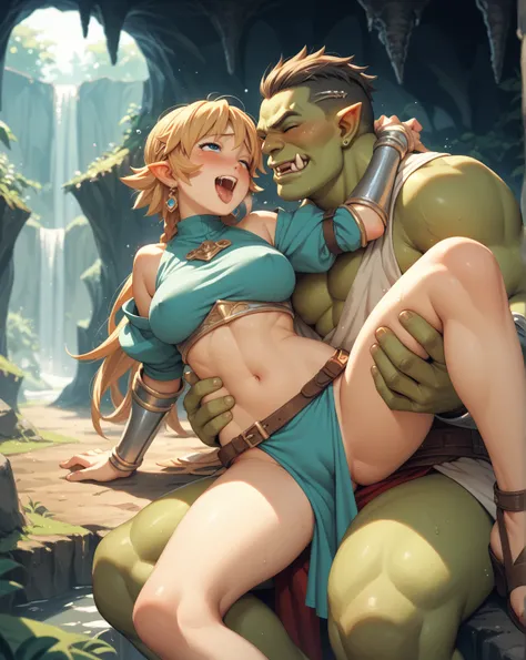 Fantasy, Beautiful knight raped by a loincloth orc , (sex , cum:0.1), clothed , Cave