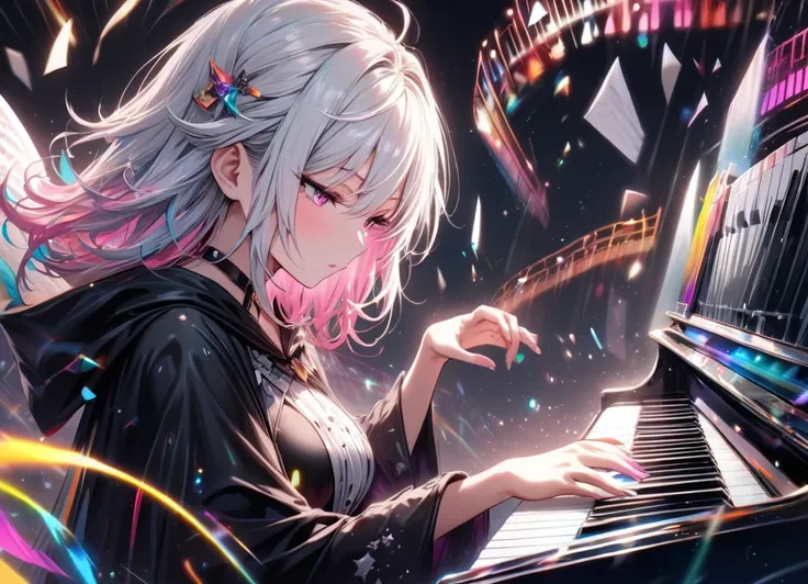 (masterpiece),(absurdres),(ultra detailed),(beautiful detailed), colorful splash art:1.2,chaos:1.1, cute、 beautiful、(Colorful shiny music-score:1.4),mysterious, Fantastic,half-closed eyes,(playing piano:1.2),( Solo Girl),(24-year-old),(white hair),(shortc...