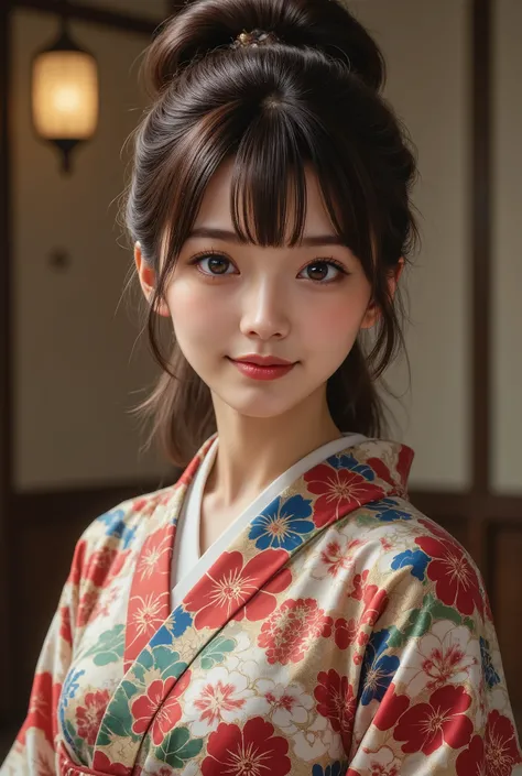 top quality, Masterpiece, Ultra high definition , (Japanese kimono with cherry blossom pattern:1.3), symmetrical , Compositions with coloful geometric arabesque patterns, ( bun hair, dark brown hair ), ( top quality, photorealistic:1.4, Masterpiece:...