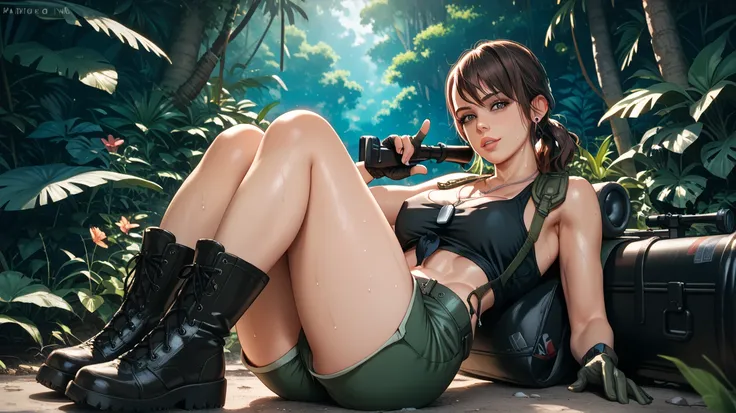   sexy Quiet , UHD,  dark brown hair , dog tags, in a jungle,  at night,  on a riverbank, wearing very short black tank top , booty shorts, with leather gloves ,  military boots , sweating,  sexy pose, in four,  carries a sniper rifle, lying down, pointing...