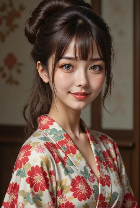  top quality,  Masterpiece, Ultra high definition , (Japanese kimono with cherry blossom pattern:1.3),   symmetrical , Compositions with coloful geometric arabesque patterns, ( bun hair,  dark brown hair ), ( top quality,  photorealistic:1.4,  Masterpiece:...