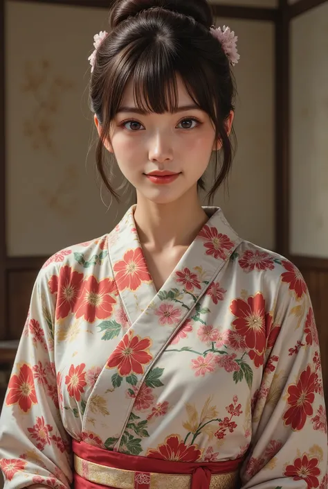 top quality, Masterpiece, Ultra high definition , (Japanese kimono with cherry blossom pattern:1.3), symmetrical , Compositions with coloful geometric arabesque patterns, ( bun hair, dark brown hair ), ( top quality, photorealistic:1.4, Masterpiece:...