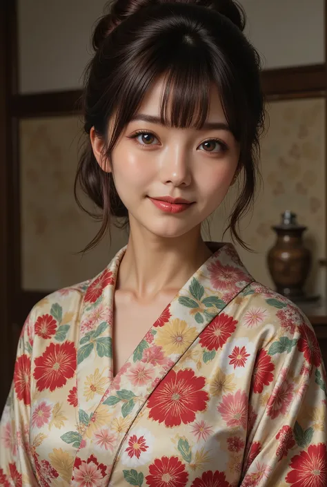 top quality, Masterpiece, Ultra high definition , (Japanese kimono with cherry blossom pattern:1.3), symmetrical , Compositions with coloful geometric arabesque patterns, ( bun hair, dark brown hair ), ( top quality, photorealistic:1.4, Masterpiece:...