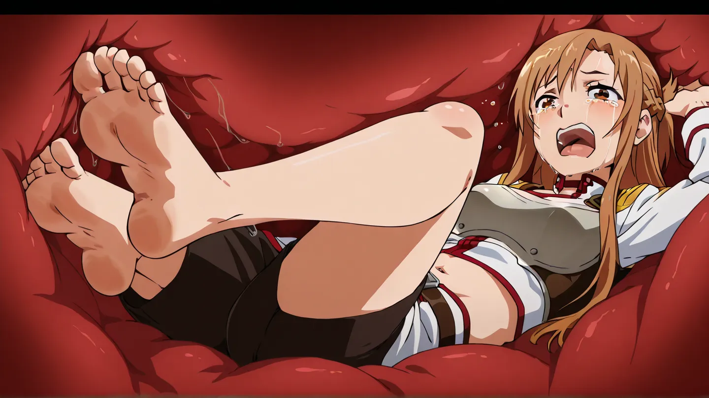 anime screencap, asuna, kb lieutenant outfit,  barefoot, fullbody, sole feet, inside a stomach,
stomach interior, tears, open mouth, front view shot, on back, pose, screaming, kicking,