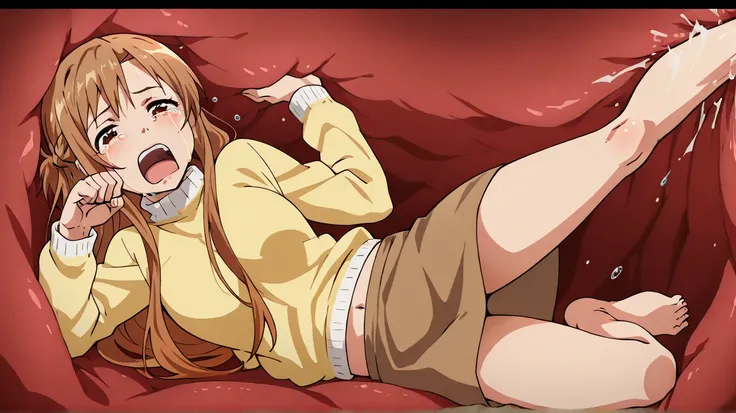 anime screencap, asuna, yellow sweater, long brown skirt,  barefoot, fullbody, sole feet, inside a stomach,
stomach interior, tears, open mouth, front view shot, on back, pose, screaming, kicking,