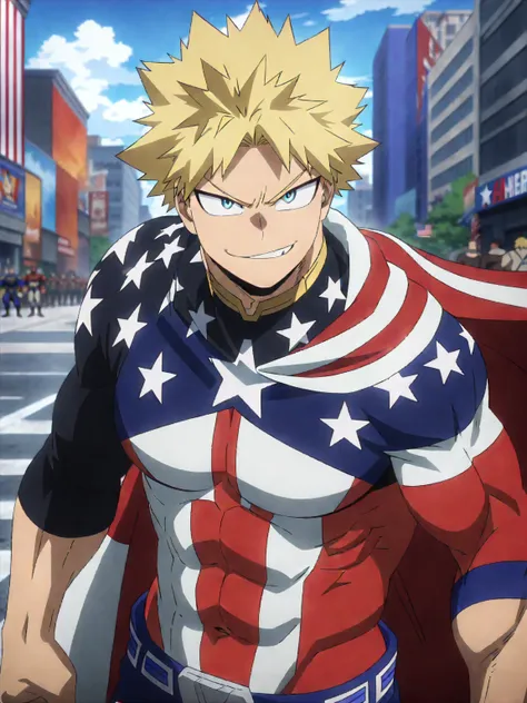 (masterpiece, best quality, anime, anime coloring:1.3, superhigh res). ((American superhero as MHA character, sexy, smirk, tall, muscular, Male)). ((Superhero)), (((American Pro Hero, Male, American Flag Cape, muscular, blue and red hero costume, blonde ha...