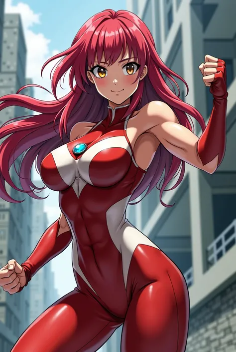 My Hero Academia Style , Anime girl, female, young female,muscular female,Full Body Shot,(fighting Pose:1.3),Long hair, Red Hair,  Brown Eyes,Hero Suit, Full Body Suit, red suit with white details,small round blue jewel in the center of the chest, perfect ...