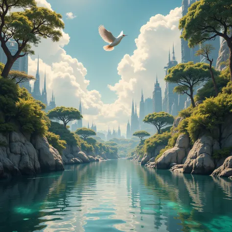 1bird flying over a river, Asian art, progressive rock album cover, new age album cover,80s art, futuristic cityscape stargate, inspired by Roger Dean, remastered digital version,1988 vinyl album cover, Et in Arcadia Ego,(best quality,8k,highres,masterpiec...