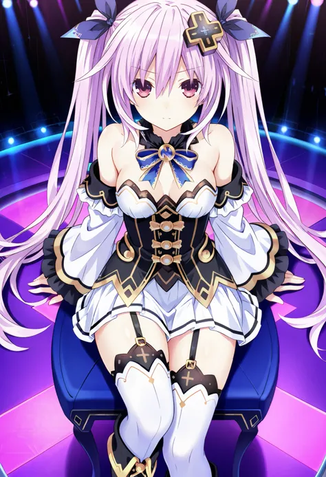 ( Masterpiece,  top quality:1.2),shape,8k, Hi-Res, in the seat, alone, cowboy shooting, Medium Boobs, twin tails,Neptune (series),black (Neptune series),  very long hair, skirt by humili,white  skirt by humili,pleated  skirt by humili,Chest,bangs, shoulder...