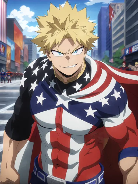 (masterpiece, best quality, anime, anime coloring:1.3, superhigh res). ((American superhero as MHA character, sexy, smirk, tall, muscular, Male)). ((Superhero)), (((American Pro Hero, Male, American Flag Cape, muscular, blue and red hero costume, blonde ha...