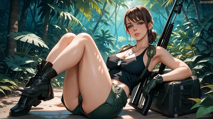   sexy Quiet , UHD,  dark brown hair , dog tags, in a jungle,  at night,  on a riverbank, wearing very short black tank top , booty shorts, with leather gloves ,  military boots , sweating,  sexy pose, in four,  carries a sniper rifle, lying down, the othe...