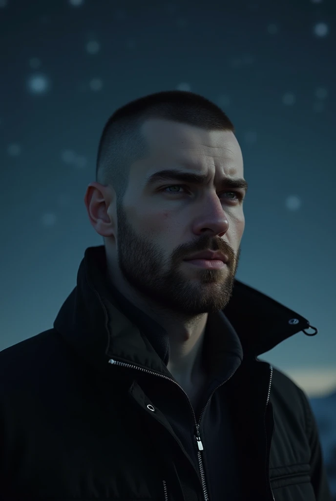 a handsome 22 year old man with a sexy buzz cut hairstyle, normal beard, wearing a black chaqueta jacket, standing in a night sky full of stars, detailed facial features, chiaroscuro lighting, dramatic cinematic composition, realistic, photorealistic, 8k, ...