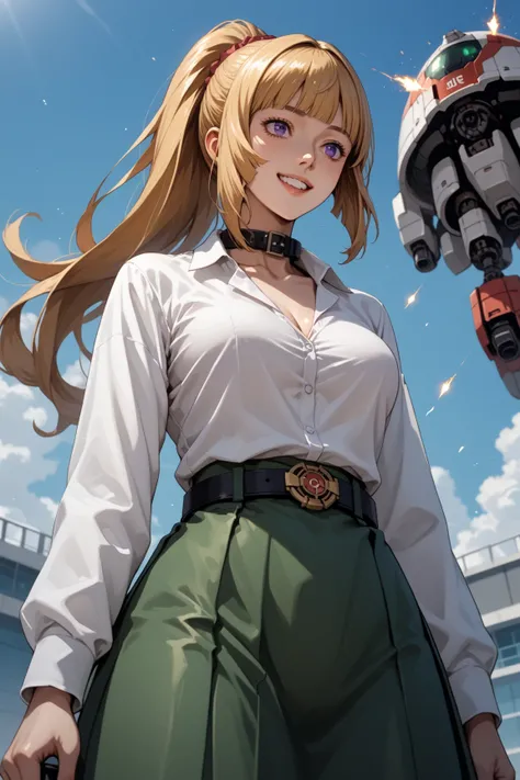 Score_9, score_8_up, score_7_up, source_anime, source_semi-real, rating_safe, rating_questionable;; 1woman, solo, kudelia aina Bernstein, low angle, viewed from slightly below;; looking happy, purple eyes, long hair, blonde hair, bangs, blunt bangs,skirt, ...