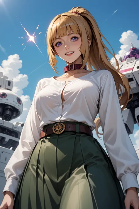 Score_9, score_8_up, score_7_up, source_anime, source_semi-real, rating_safe, rating_questionable;; 1woman, solo, kudelia aina Bernstein, low angle, viewed from slightly below;; looking happy, purple eyes, long hair, blonde hair, bangs, blunt bangs,skirt, ...