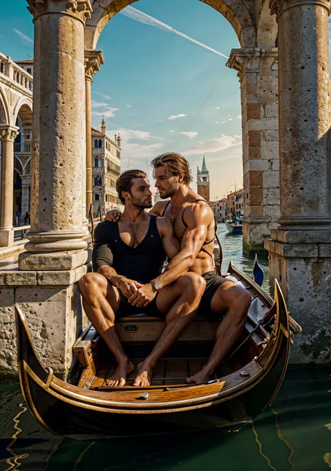 As the golden sun begins its slow descent over Venice, the ancient city is bathed in a warm, amber glow. Two strikingly handsome, athletic men sit close together in an elegant, black gondola, drifting effortlessly through the labyrinth of canals. The gentl...