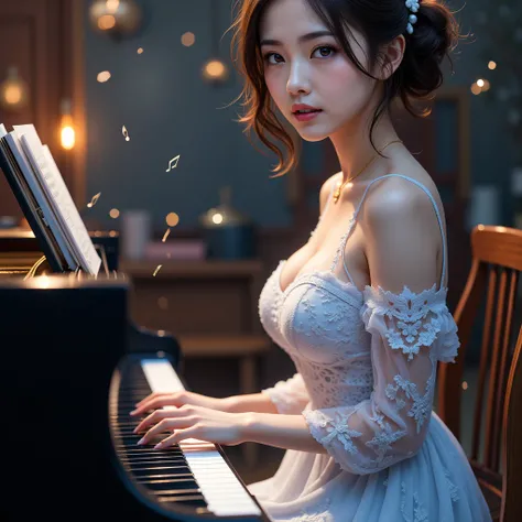 A magical music album cover, a gentle female musician playing piano, beautiful detailed eyes, beautiful detailed lips, extremely detailed eyes and face, long eyelashes, delicate fingers, musical notes, grand piano, moody lighting, cinematic, digital painti...