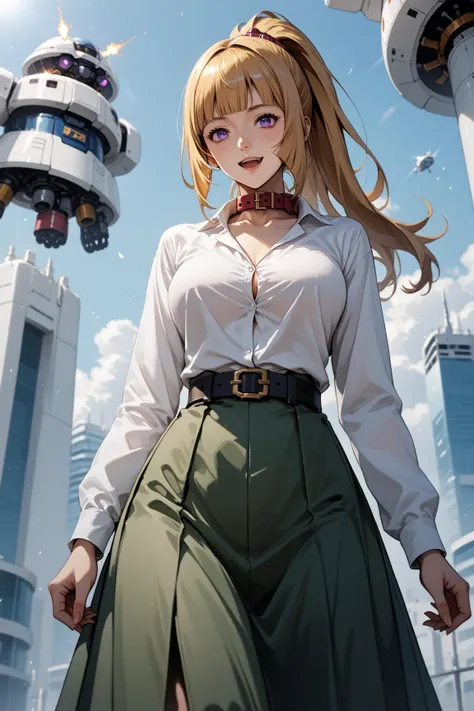 Score_9, score_8_up, score_7_up, source_anime, source_semi-real, rating_safe, rating_questionable;; 1woman, solo, kudelia aina Bernstein, low angle, viewed from slightly below;; looking happy, purple eyes, long hair, blonde hair, bangs, blunt bangs,skirt, ...