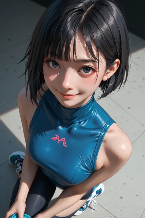 Girl with a close-up chest from above, , black hair, short bob, black eyes, smile blush, blue high neck swimsuit, tights, sneakers, cyberpunk